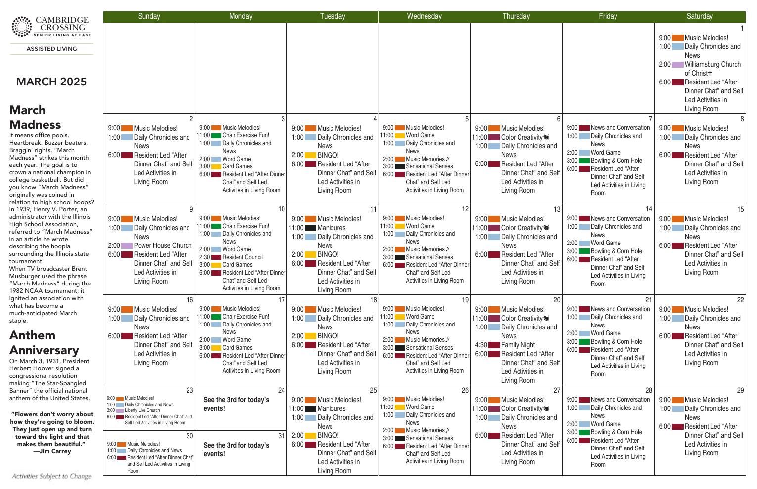 Assisted Living Event Calendar