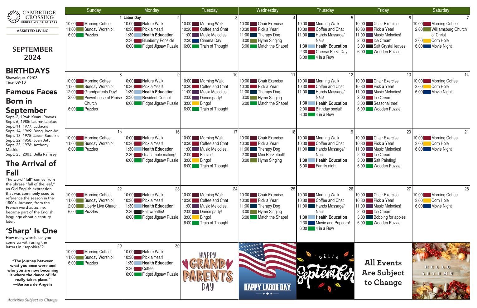 Assisted Living Event Calendar